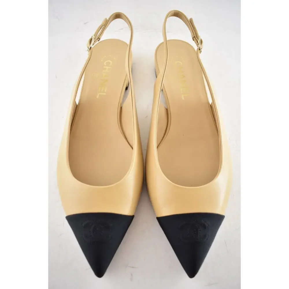 Chanel 24A Beige Leather Black CC Logo Coco Slingback Pointed Ballet Flat 38.5 - Picture 5 of 16